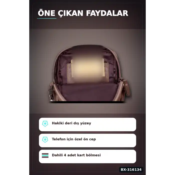 Hakiki Deri Çapraz Telefon Çantası 14x19 cm Kartlıklı Ayarlanabilir Askılı El Yapımı BX-316134