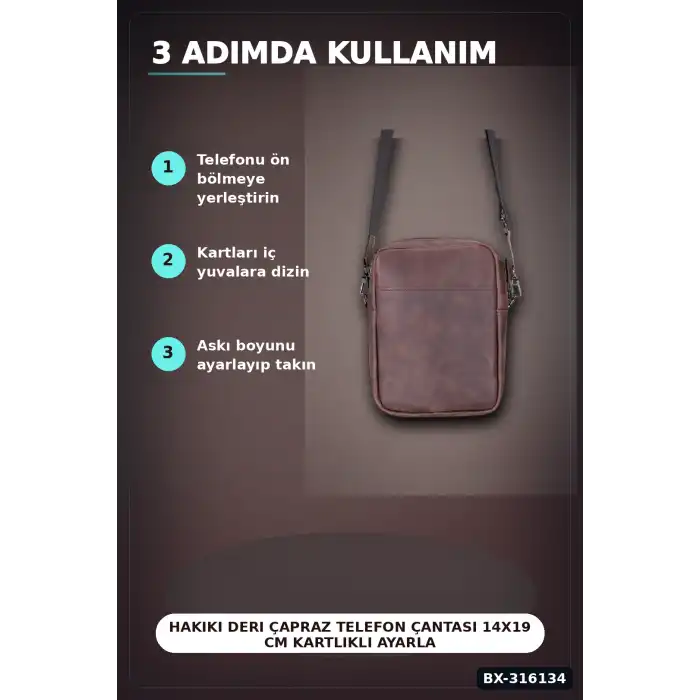 Hakiki Deri Çapraz Telefon Çantası 14x19 cm Kartlıklı Ayarlanabilir Askılı El Yapımı BX-316134