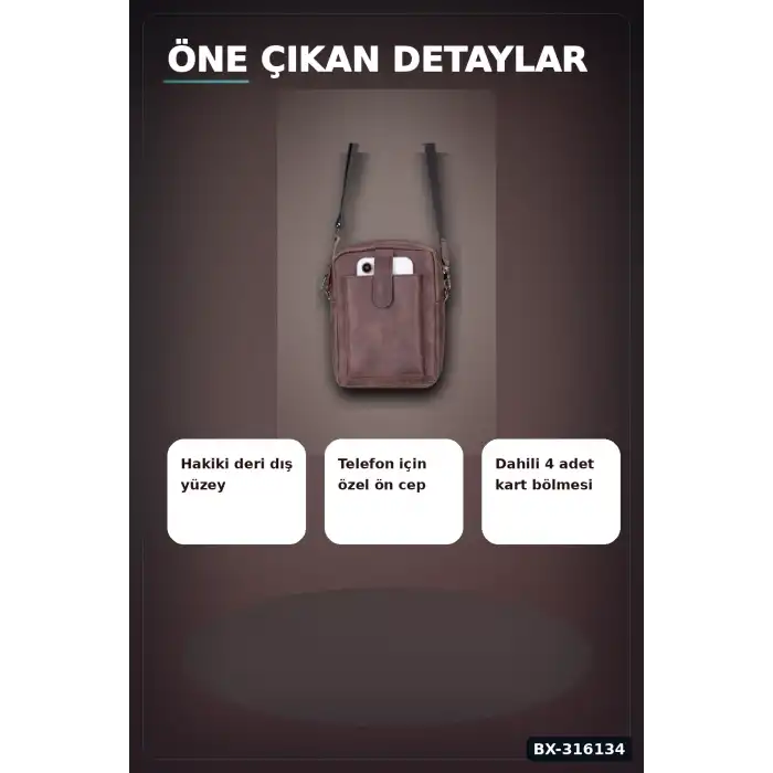 Hakiki Deri Çapraz Telefon Çantası 14x19 cm Kartlıklı Ayarlanabilir Askılı El Yapımı BX-316134