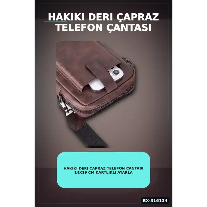 Hakiki Deri Çapraz Telefon Çantası 14x19 cm Kartlıklı Ayarlanabilir Askılı El Yapımı BX-316134