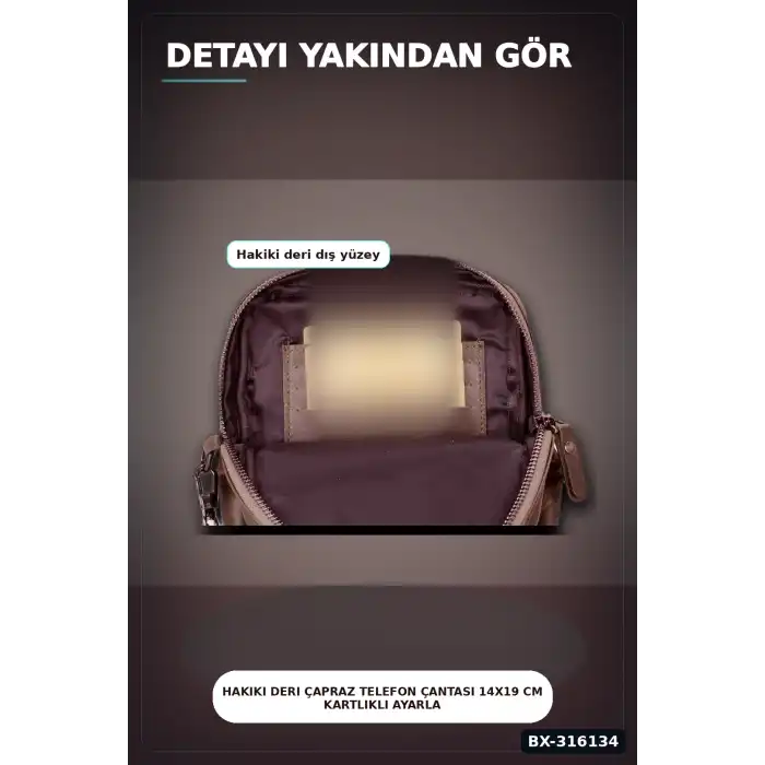 Hakiki Deri Çapraz Telefon Çantası 14x19 cm Kartlıklı Ayarlanabilir Askılı El Yapımı BX-316134