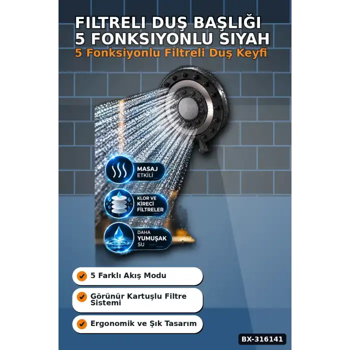 Filtreli Duş Başlığı 5 Fonksiyonlu Masaj Etkili Kireç Önleyici Banyo Başlığı Siyah BX-316141