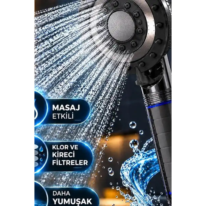 Filtreli Duş Başlığı 5 Fonksiyonlu Masaj Etkili Kireç Önleyici Banyo Başlığı Siyah BX-316141