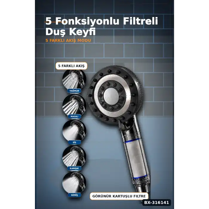 Filtreli Duş Başlığı 5 Fonksiyonlu Masaj Etkili Kireç Önleyici Banyo Başlığı Siyah BX-316141