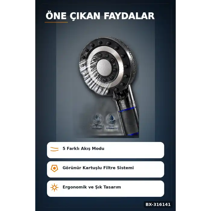 Filtreli Duş Başlığı 5 Fonksiyonlu Masaj Etkili Kireç Önleyici Banyo Başlığı Siyah BX-316141