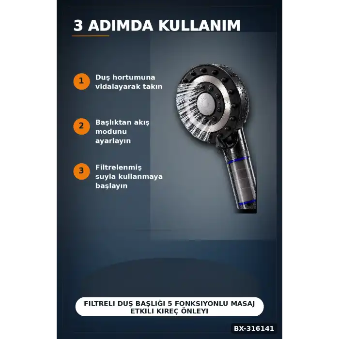 Filtreli Duş Başlığı 5 Fonksiyonlu Masaj Etkili Kireç Önleyici Banyo Başlığı Siyah BX-316141