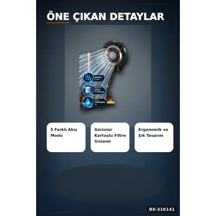 Filtreli Duş Başlığı 5 Fonksiyonlu Masaj Etkili Kireç Önleyici Banyo Başlığı Siyah BX-316141