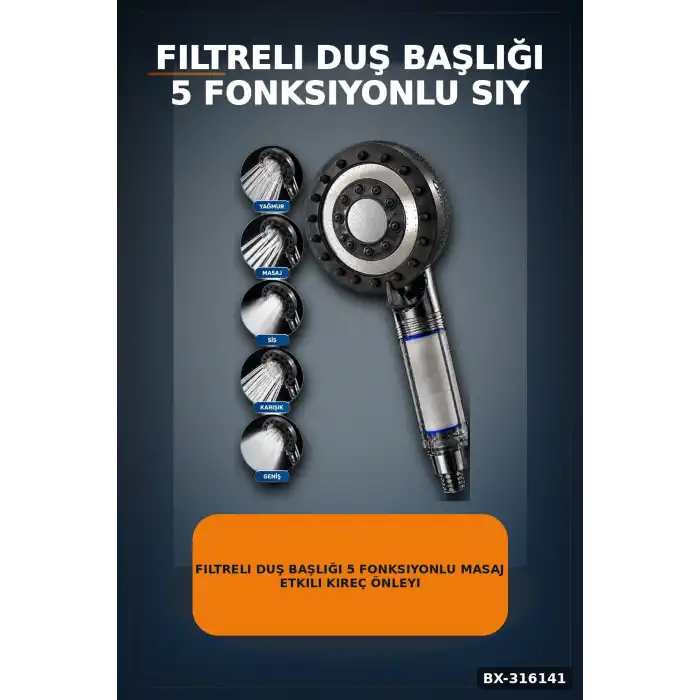 Filtreli Duş Başlığı 5 Fonksiyonlu Masaj Etkili Kireç Önleyici Banyo Başlığı Siyah BX-316141