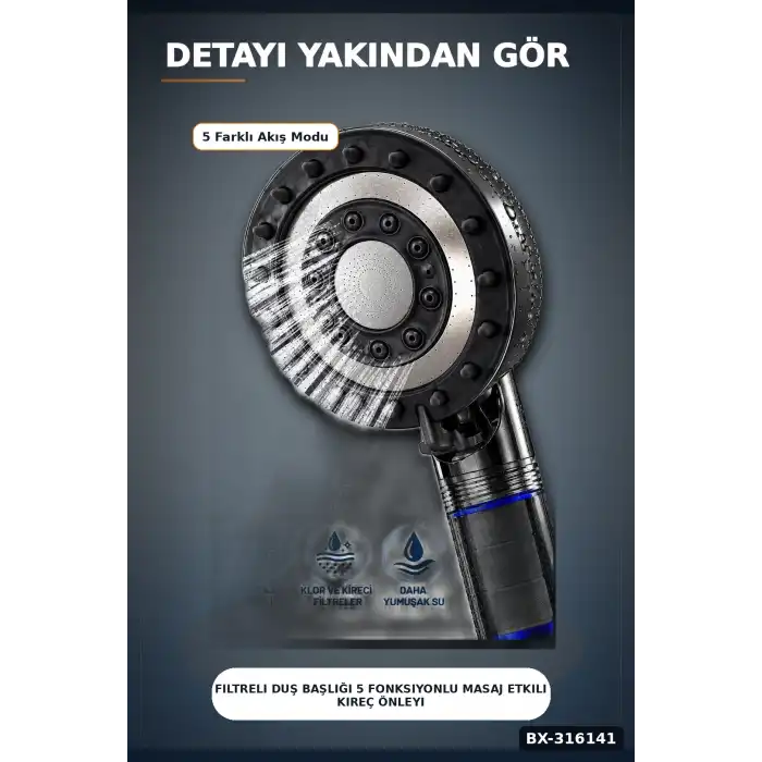 Filtreli Duş Başlığı 5 Fonksiyonlu Masaj Etkili Kireç Önleyici Banyo Başlığı Siyah BX-316141