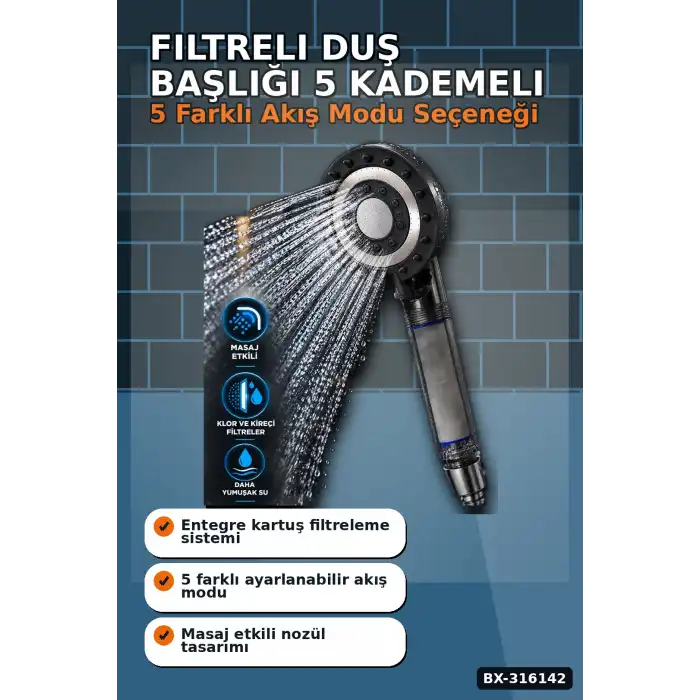 Filtreli Duş Başlığı 5 Kademeli Masaj Etkili Şeffaf Hazneli El Duşu Başlık BX-316142