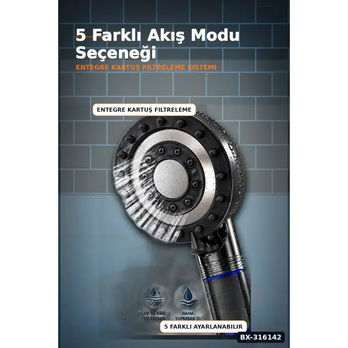 Filtreli Duş Başlığı 5 Kademeli Masaj Etkili Şeffaf Hazneli El Duşu Başlık BX-316142