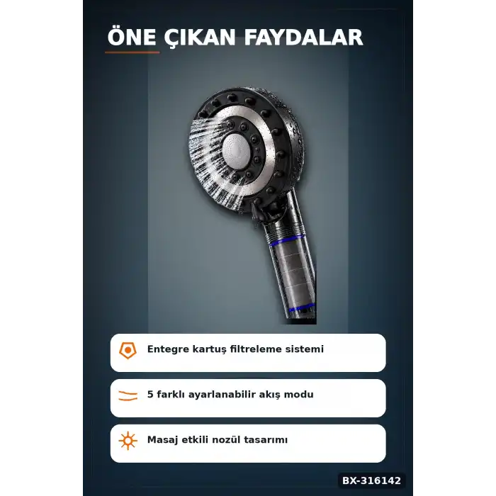 Filtreli Duş Başlığı 5 Kademeli Masaj Etkili Şeffaf Hazneli El Duşu Başlık BX-316142