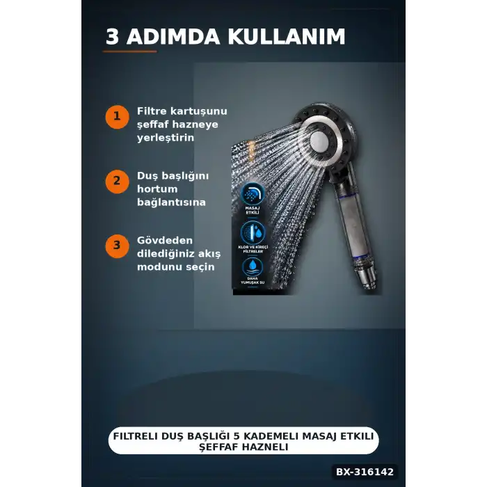 Filtreli Duş Başlığı 5 Kademeli Masaj Etkili Şeffaf Hazneli El Duşu Başlık BX-316142