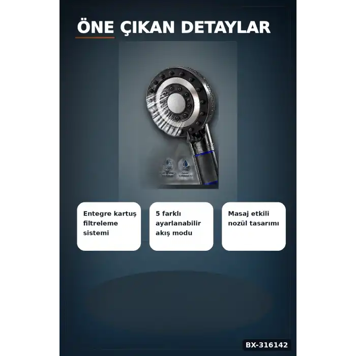 Filtreli Duş Başlığı 5 Kademeli Masaj Etkili Şeffaf Hazneli El Duşu Başlık BX-316142