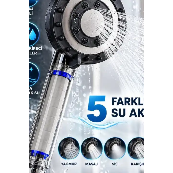 Filtreli Duş Başlığı 5 Fonksiyonlu Masaj Etkili Kireç ve Klor Önleyici El Tipi BX-316143