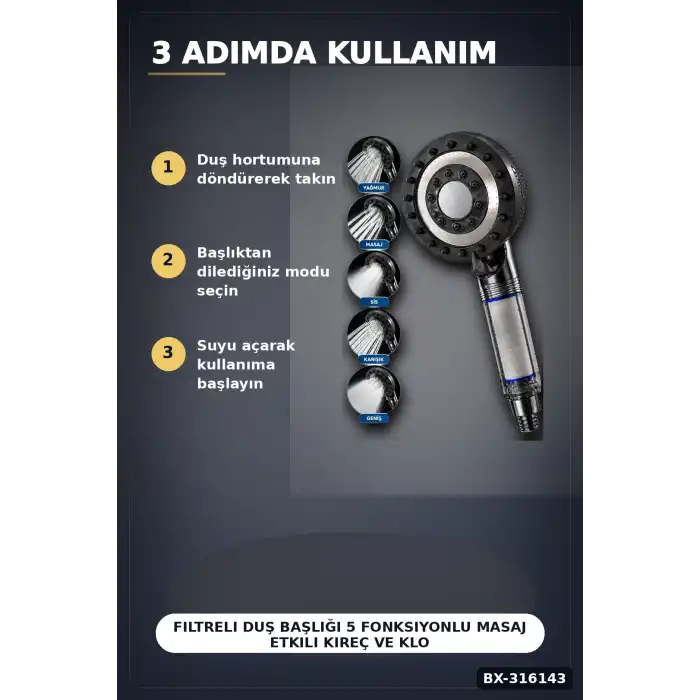 Filtreli Duş Başlığı 5 Fonksiyonlu Masaj Etkili Kireç ve Klor Önleyici El Tipi BX-316143