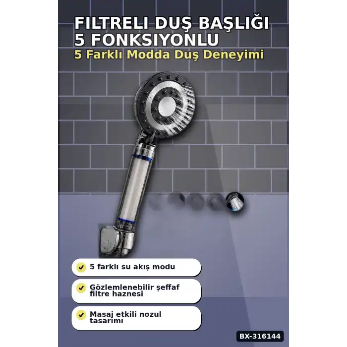 Filtreli Duş Başlığı 5 Fonksiyonlu Masaj Etkili Kireç ve Klor Filtreleme Banyo El Tipi BX-316144