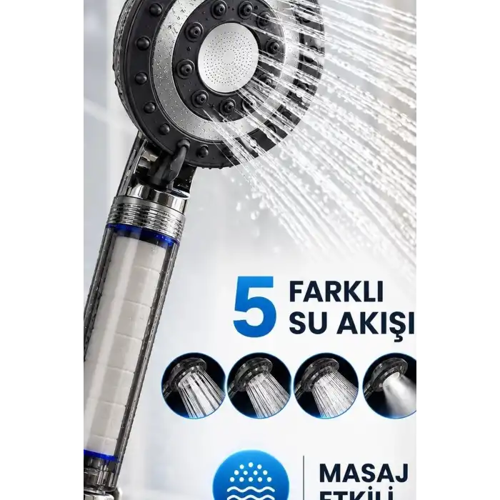 Filtreli Duş Başlığı 5 Fonksiyonlu Masaj Etkili Kireç ve Klor Filtreleme Banyo El Tipi BX-316144