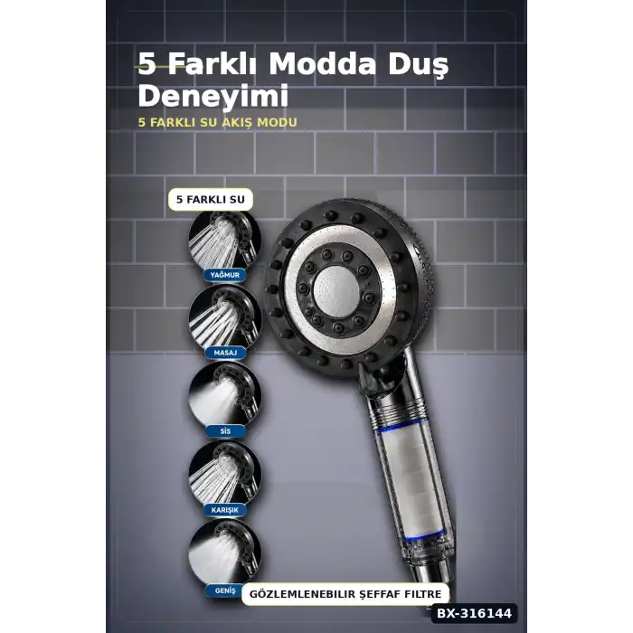 Filtreli Duş Başlığı 5 Fonksiyonlu Masaj Etkili Kireç ve Klor Filtreleme Banyo El Tipi BX-316144