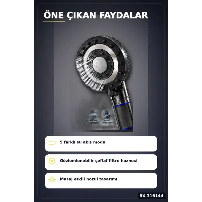 Filtreli Duş Başlığı 5 Fonksiyonlu Masaj Etkili Kireç ve Klor Filtreleme Banyo El Tipi BX-316144