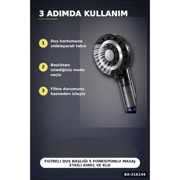 Filtreli Duş Başlığı 5 Fonksiyonlu Masaj Etkili Kireç ve Klor Filtreleme Banyo El Tipi BX-316144