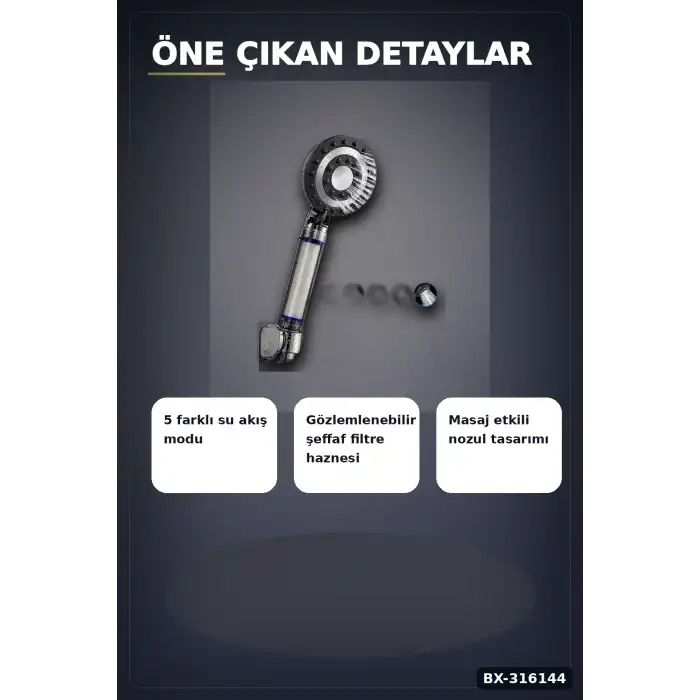Filtreli Duş Başlığı 5 Fonksiyonlu Masaj Etkili Kireç ve Klor Filtreleme Banyo El Tipi BX-316144