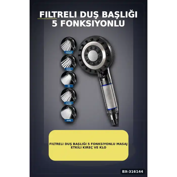 Filtreli Duş Başlığı 5 Fonksiyonlu Masaj Etkili Kireç ve Klor Filtreleme Banyo El Tipi BX-316144