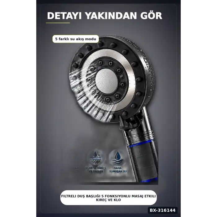 Filtreli Duş Başlığı 5 Fonksiyonlu Masaj Etkili Kireç ve Klor Filtreleme Banyo El Tipi BX-316144
