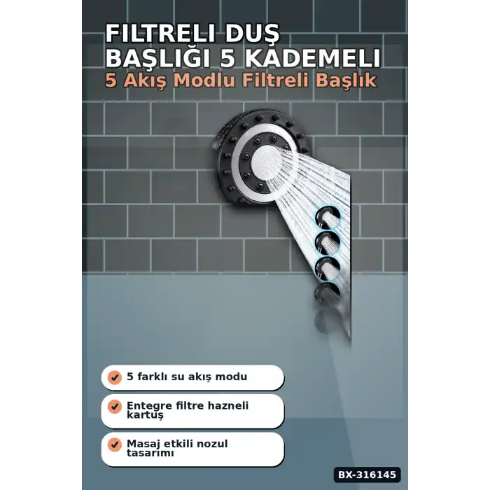 Filtreli Duş Başlığı 5 Kademeli Masaj Etkili Banyo El Duşu Şeffaf Hazneli BX-316145