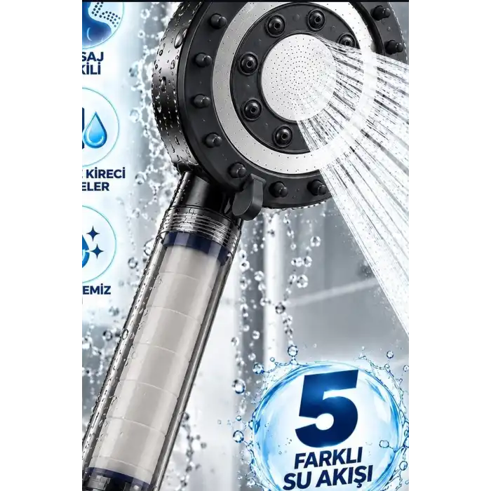 Filtreli Duş Başlığı 5 Kademeli Masaj Etkili Banyo El Duşu Şeffaf Hazneli BX-316145