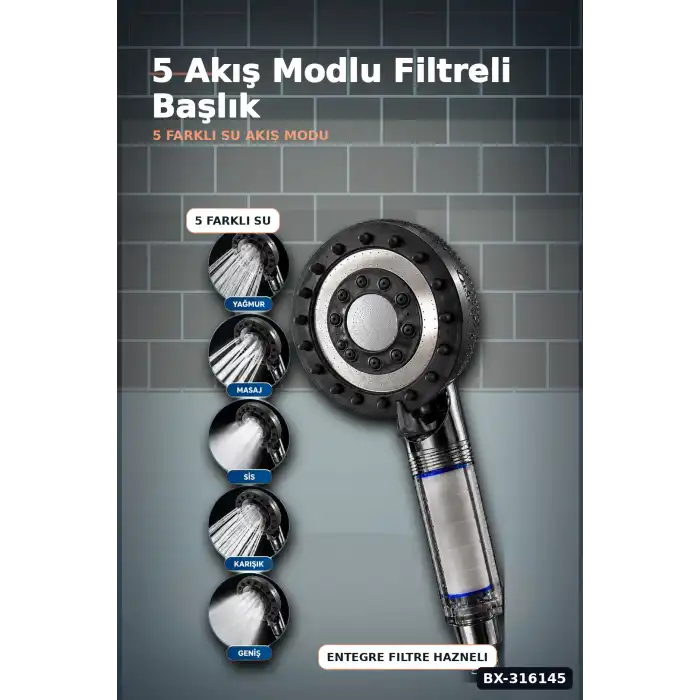 Filtreli Duş Başlığı 5 Kademeli Masaj Etkili Banyo El Duşu Şeffaf Hazneli BX-316145