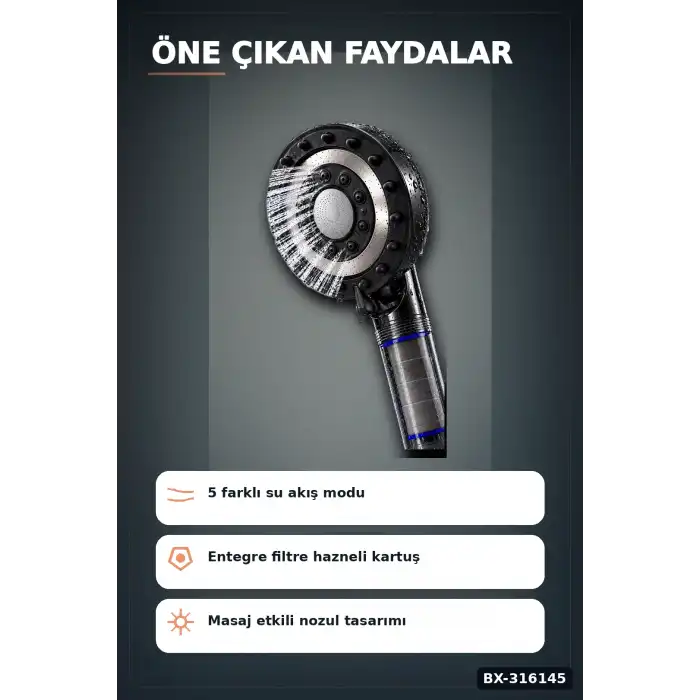 Filtreli Duş Başlığı 5 Kademeli Masaj Etkili Banyo El Duşu Şeffaf Hazneli BX-316145