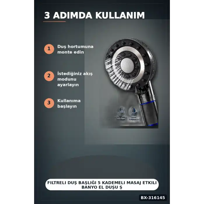 Filtreli Duş Başlığı 5 Kademeli Masaj Etkili Banyo El Duşu Şeffaf Hazneli BX-316145