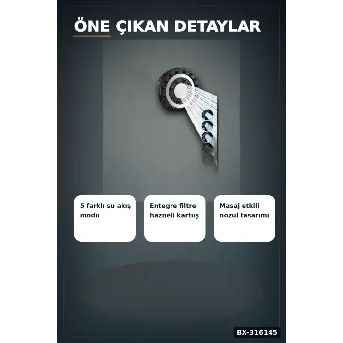 Filtreli Duş Başlığı 5 Kademeli Masaj Etkili Banyo El Duşu Şeffaf Hazneli BX-316145