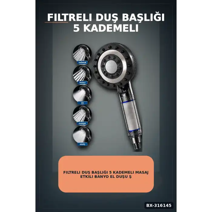 Filtreli Duş Başlığı 5 Kademeli Masaj Etkili Banyo El Duşu Şeffaf Hazneli BX-316145