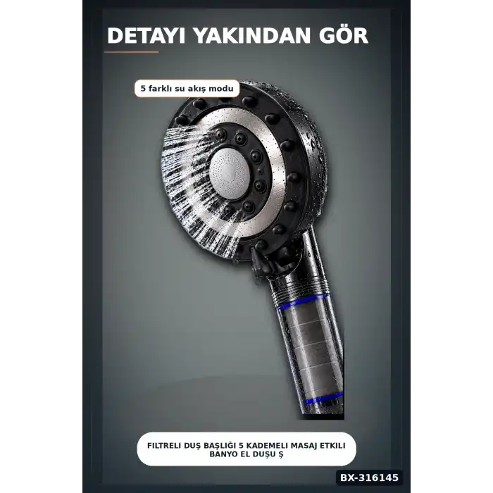 Filtreli Duş Başlığı 5 Kademeli Masaj Etkili Banyo El Duşu Şeffaf Hazneli BX-316145