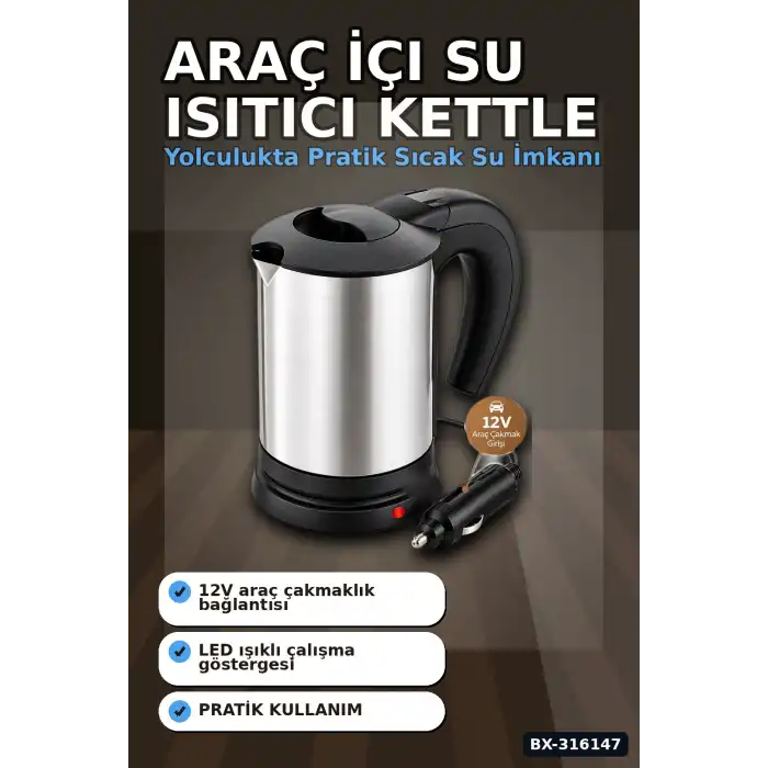Araç İçi Su Isıtıcı Kettle 12V Çakmaklık Girişli Paslanmaz Çelik Termos BX-316147