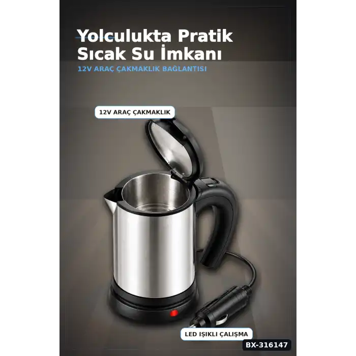 Araç İçi Su Isıtıcı Kettle 12V Çakmaklık Girişli Paslanmaz Çelik Termos BX-316147
