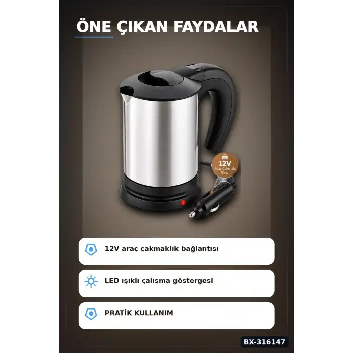 Araç İçi Su Isıtıcı Kettle 12V Çakmaklık Girişli Paslanmaz Çelik Termos BX-316147