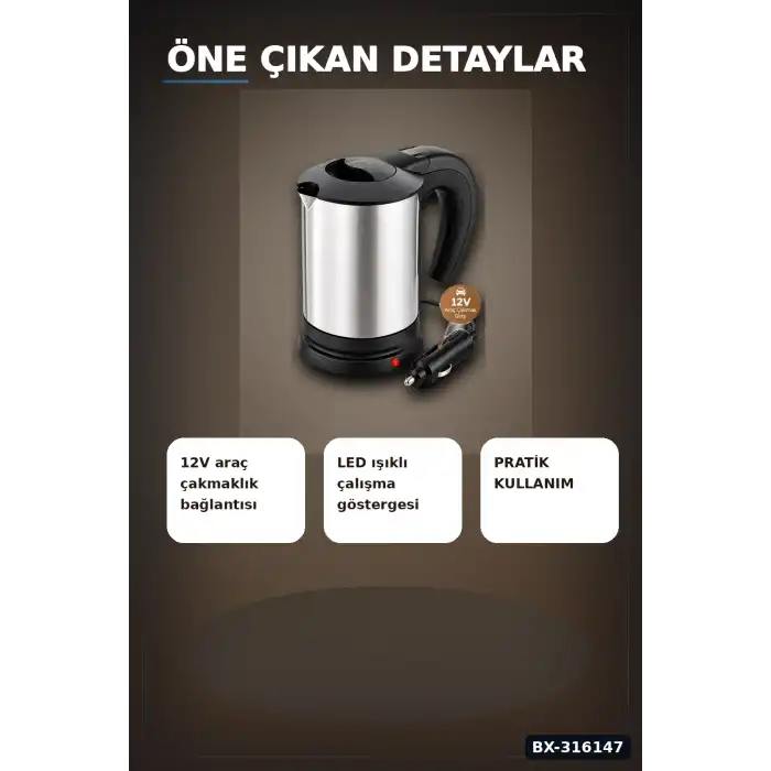 Araç İçi Su Isıtıcı Kettle 12V Çakmaklık Girişli Paslanmaz Çelik Termos BX-316147