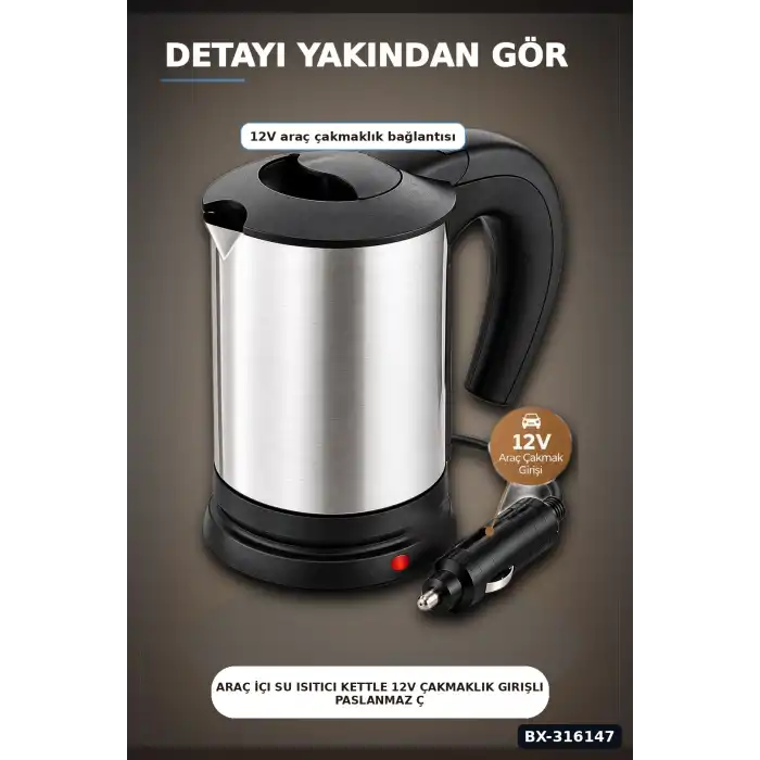 Araç İçi Su Isıtıcı Kettle 12V Çakmaklık Girişli Paslanmaz Çelik Termos BX-316147