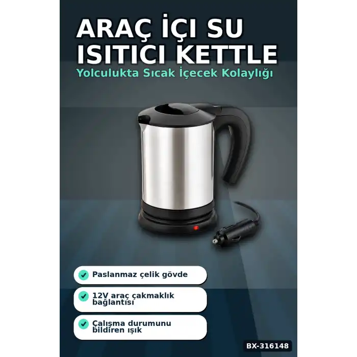 Araç İçi Su Isıtıcı Kettle - 12V Çakmaklık Girişli Paslanmaz Çelik Termos BX-316148