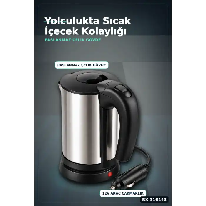 Araç İçi Su Isıtıcı Kettle - 12V Çakmaklık Girişli Paslanmaz Çelik Termos BX-316148