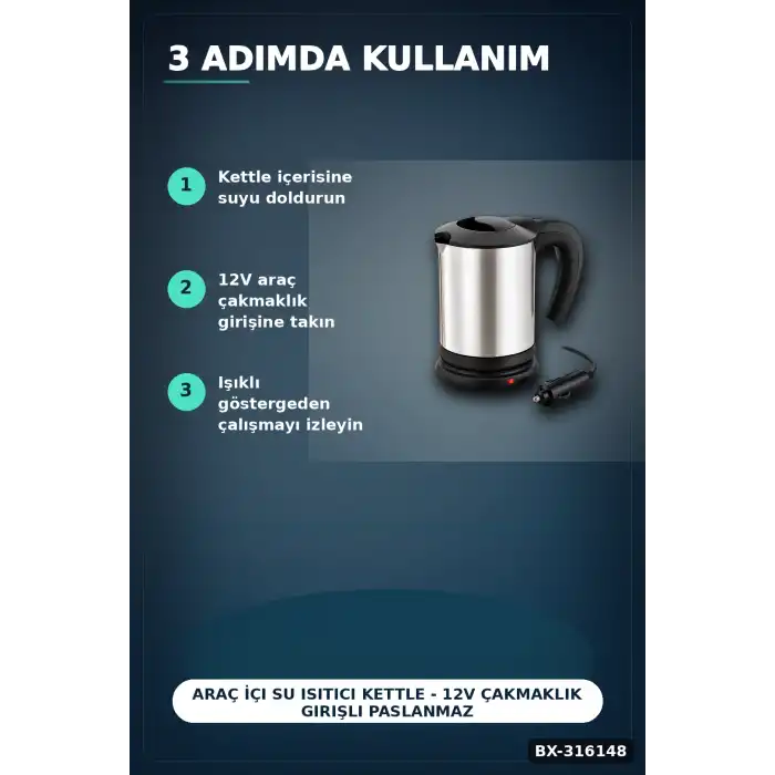 Araç İçi Su Isıtıcı Kettle - 12V Çakmaklık Girişli Paslanmaz Çelik Termos BX-316148