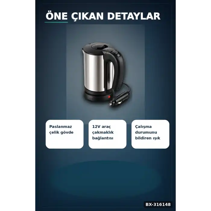 Araç İçi Su Isıtıcı Kettle - 12V Çakmaklık Girişli Paslanmaz Çelik Termos BX-316148