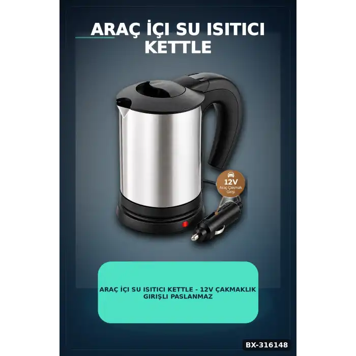 Araç İçi Su Isıtıcı Kettle - 12V Çakmaklık Girişli Paslanmaz Çelik Termos BX-316148