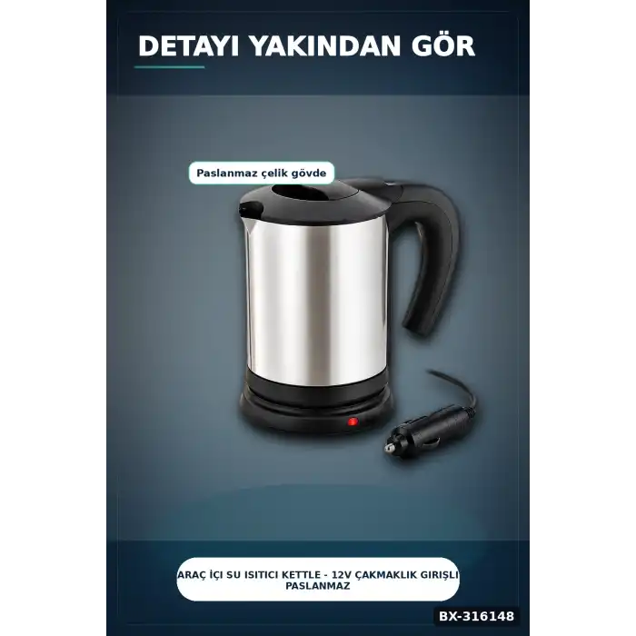 Araç İçi Su Isıtıcı Kettle - 12V Çakmaklık Girişli Paslanmaz Çelik Termos BX-316148