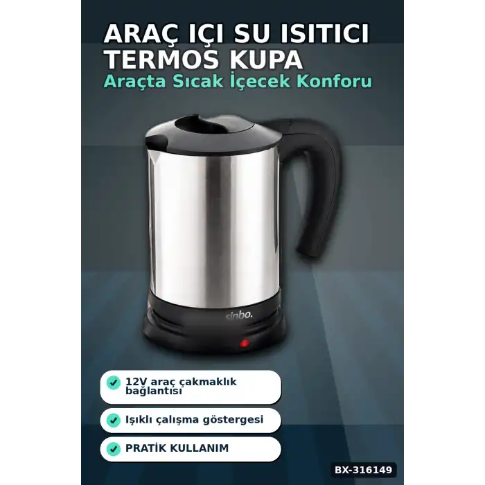 Araç İçi Su Isıtıcı Kettle 12V Çakmaklık Girişli Çelik Gövdeli Termos Kupa BX-316149