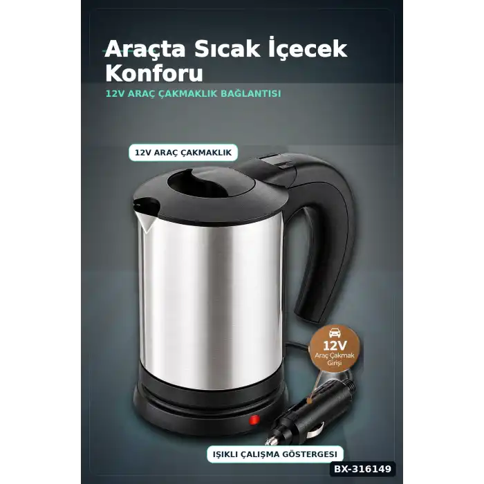 Araç İçi Su Isıtıcı Kettle 12V Çakmaklık Girişli Çelik Gövdeli Termos Kupa BX-316149