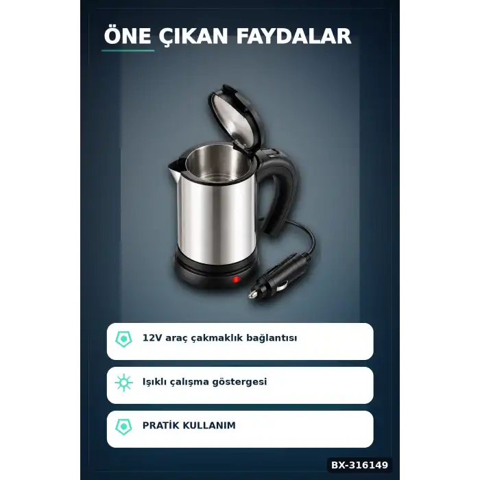 Araç İçi Su Isıtıcı Kettle 12V Çakmaklık Girişli Çelik Gövdeli Termos Kupa BX-316149